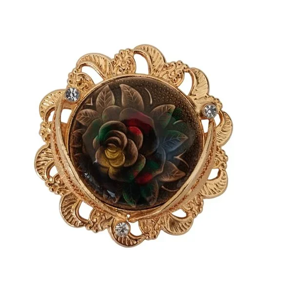 Vintage Round Brooch Gold Tone Filigree With Rose Inset and Rhinestones Like New - Picture 2 of 6